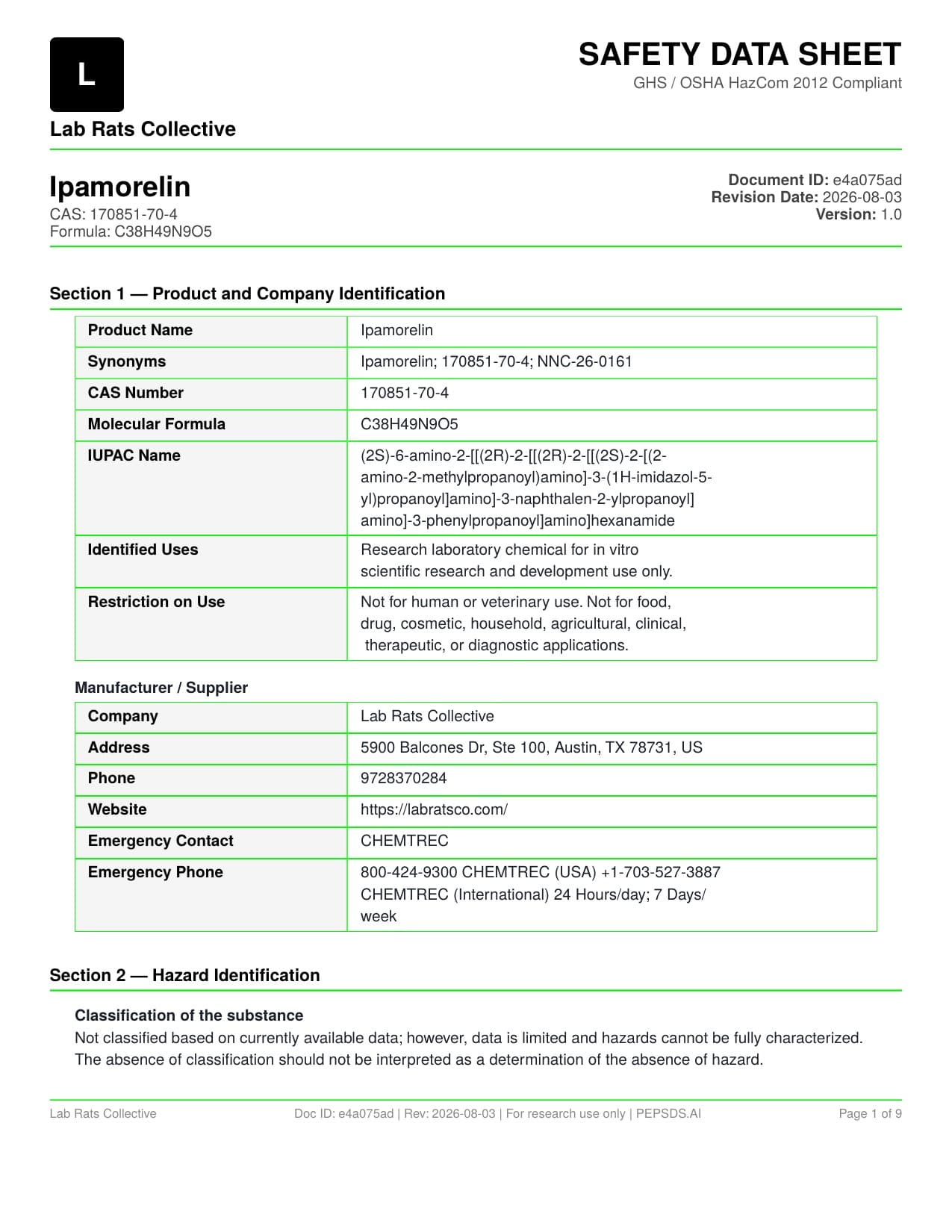 Ipamorelin 10mg Safety Data Sheet